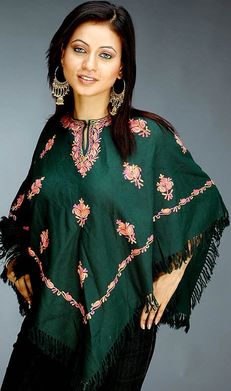 Green Poncho with Aari-Embroidery