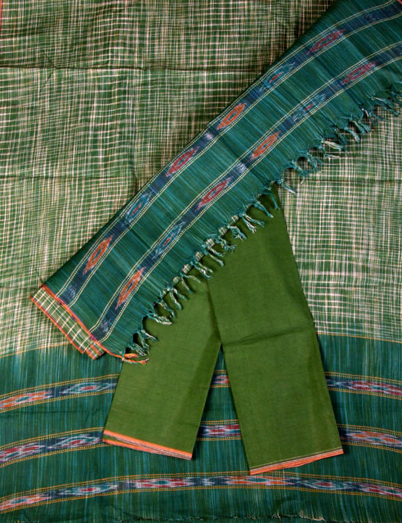 Green Salwar Kameez Fabric with Ikat Weave