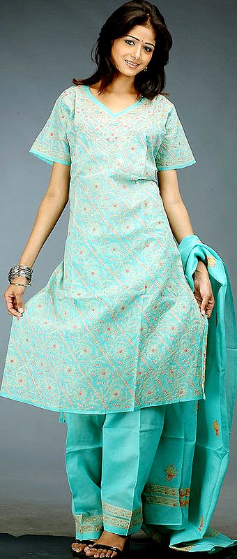 Green Salwar Kameez from Lucknow with All-Over Floral Chikan Embroidery