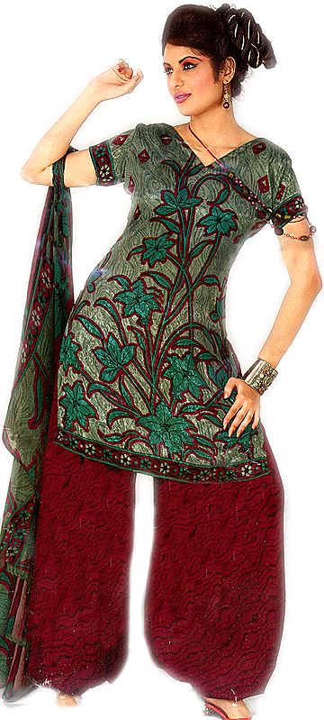 Green Salwar Kameez Suit with Self Weave and Printed Flowers