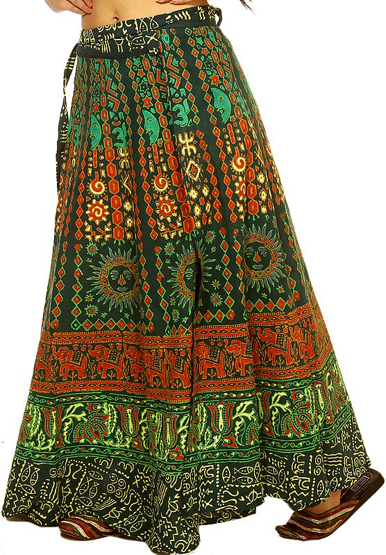 Green Sanganeri Wrap-Around Skirt with Solar Print