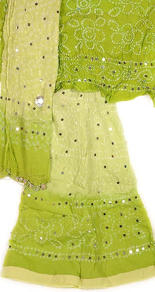 Green Shaded Bandhani Lehenga Choli with Sequins