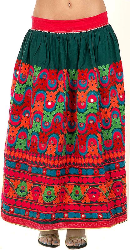 Green Skirt from Kutchh with Multi-Color Embroidery