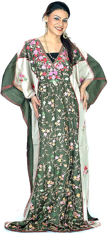 Green V-Neck Kaftan with Crewel Embroidery All-Over
