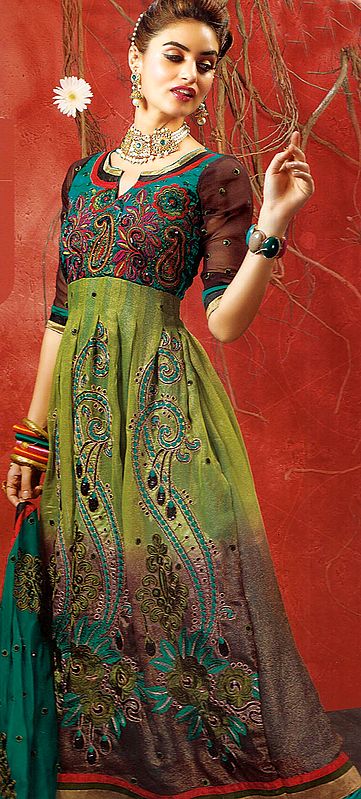 Green-Leaf Flaired Kameez and Choodidaar Suit with Embroidered Paisleys and Patch Border