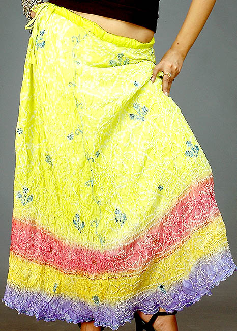 Green-Yellow Bandhani Skirt with Mirrors