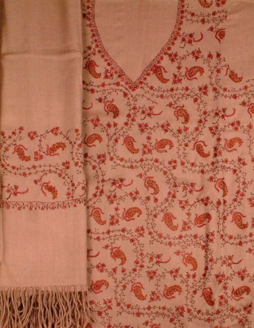Hand-Embroidered Beige Suit from Kashmir with Shawl