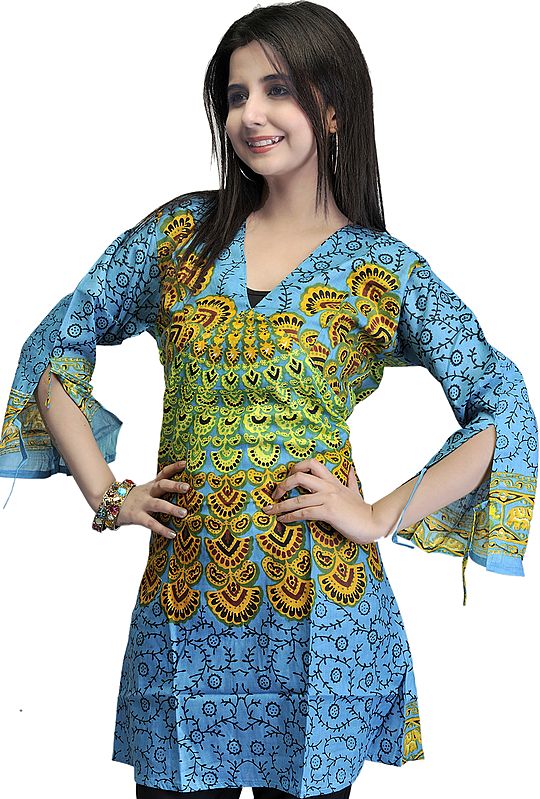 Heritage Blue Printed Kurti from Gujarat with Floral Motifs