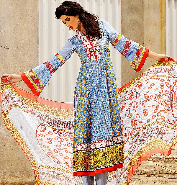 Heritage-Blue Long Salwar Suit from Pakistan with All-Over Printed Motifs