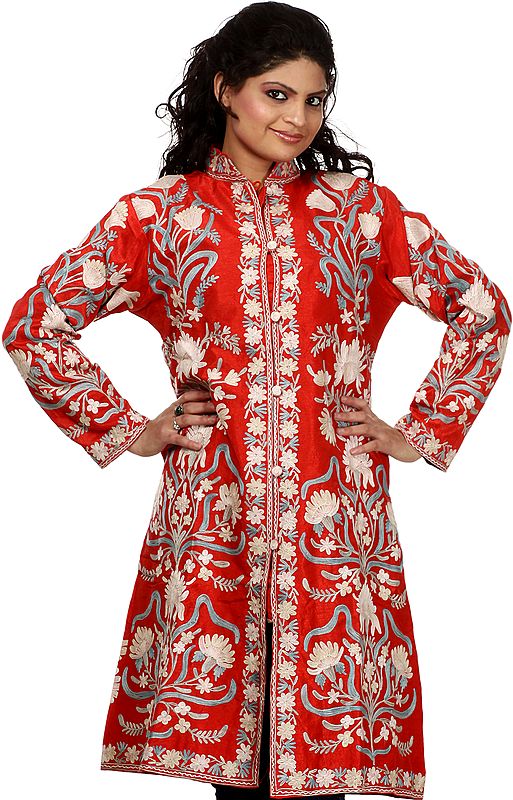 Hibiscus-Red Long Kashmiri Jacket with Aari Embroidered Flowers All-Over