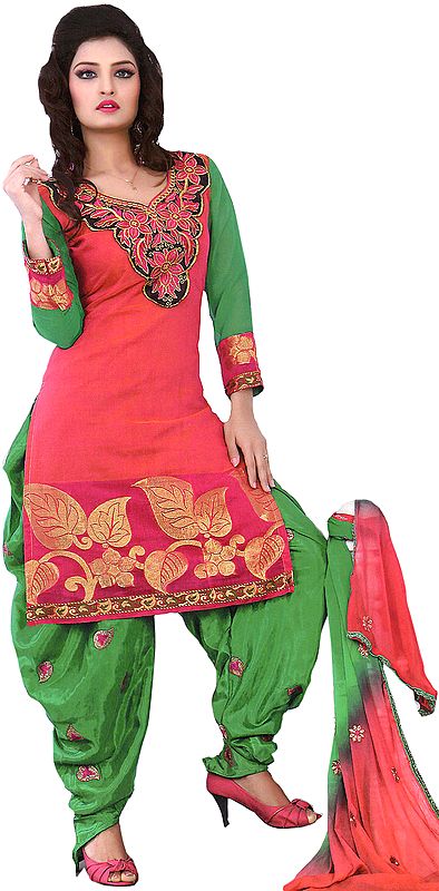 Holly-Berry Kameez and Patiala Salwar Suit with Patch work on Neck and Woven Leaves