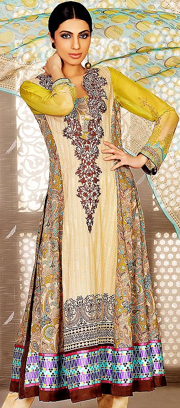 Honey-Peach Long Salwar Kameez Suit From Pakistan with Embroidered Neck and Back
