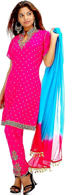 Hot Pink Choodidaar Suit with Crystals and Sequins