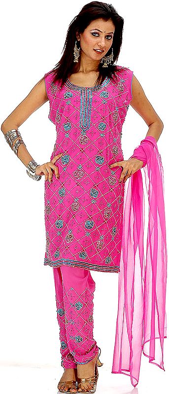 Hot Pink Choodidaar Suit with Beads and Sequins
