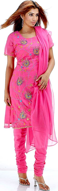 Hot Pink Choodidaar Suit with Embroidery and Mirrors