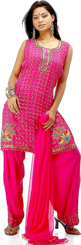 Hot Pink Crepe Suit with All-Over Brass Beads