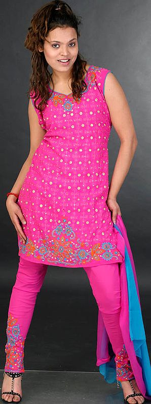 Hot-Pink Choodidaar Suit with Golden Thread Embroidery