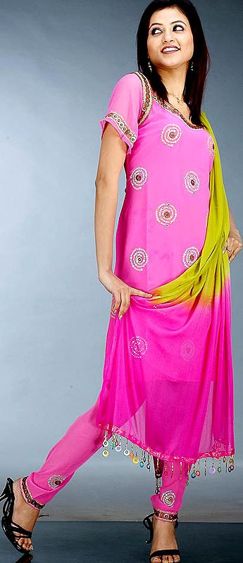 Hot-Pink Choodidaar Suit with Mirrors and Brass Beads