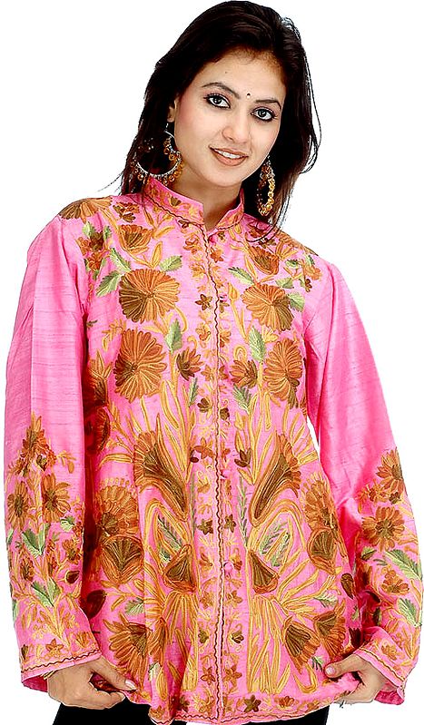 Hot-Pink Jacket with Large Flowers Embroidered All-Over