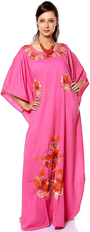 Hot-Pink Kaftan from Kashmir with Floral Embroidery