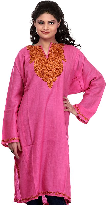 Hot-Pink Kashmiri Phiran with Hand Embroidered Paisleys on Neck