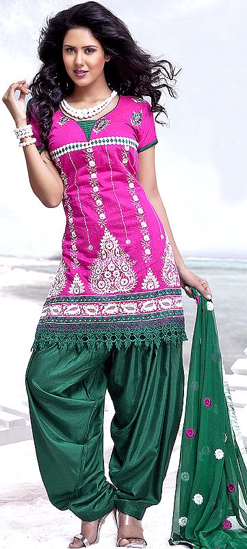 Hot-Pink Patiala Salwar Kameez Suit with Crewel Embroidery and Sequins