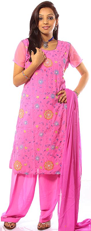 Hot-Pink Salwar Kameez Suit with Crewel Embroidered Flowers All-Over