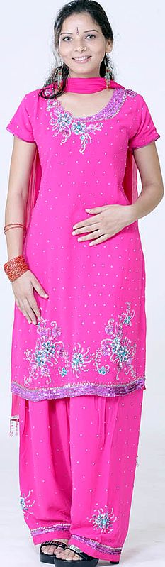 Hot-Pink Salwar Kameez with Beads and Sequins