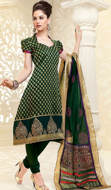 Hunter-Green Brocaded Choodidaar Kameez Suit with Sequins and Patchwork Dupatta
