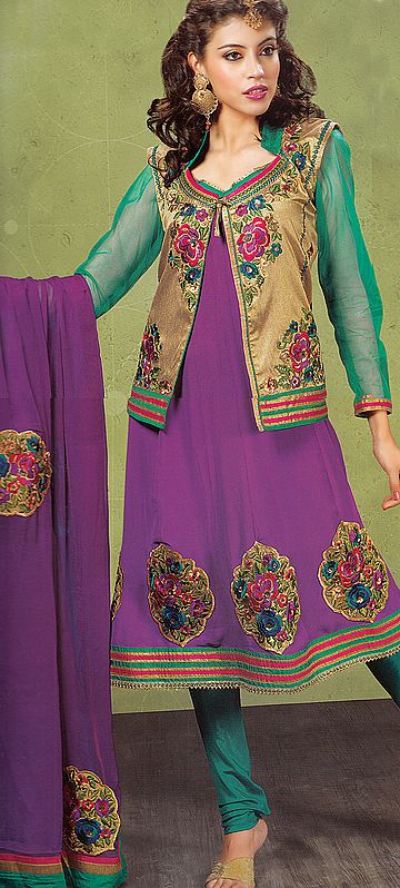 Hyacinth-Violet and Green Floral Embroidered Choodidaar Suit with Khaki Bolero Jacket