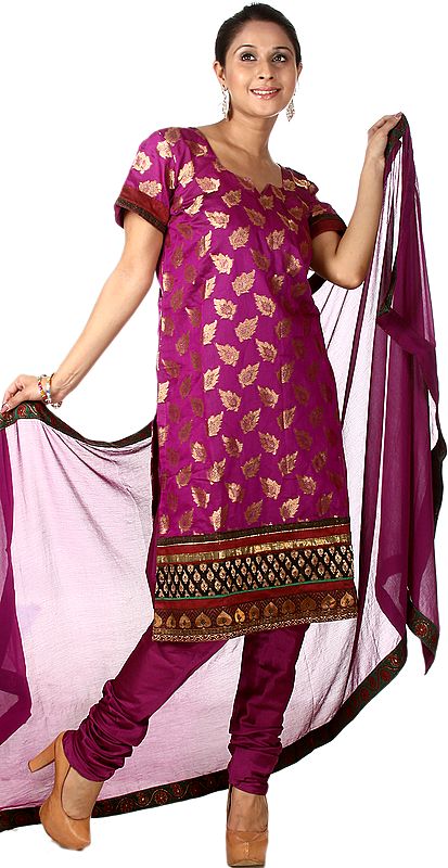 Hyacinth-Violet Choodidaar Banarasi Suit with Woven Leaves All-Over and Patch Border
