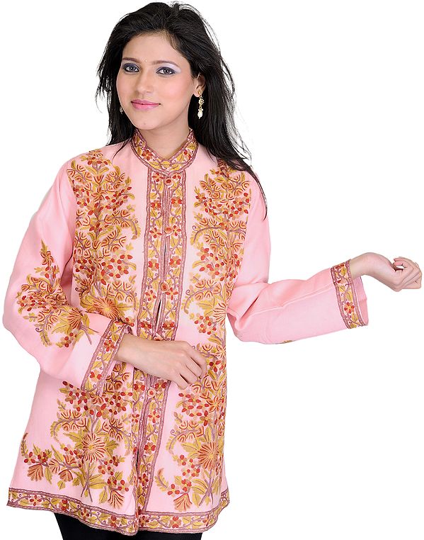 Impatiens-Pink Kashmiri Jacket with Aari Embroidered Flowers by Hand
