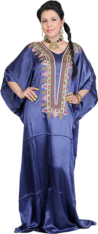 Indigo-Blue Kaftan with Beads Embroidered by Hand