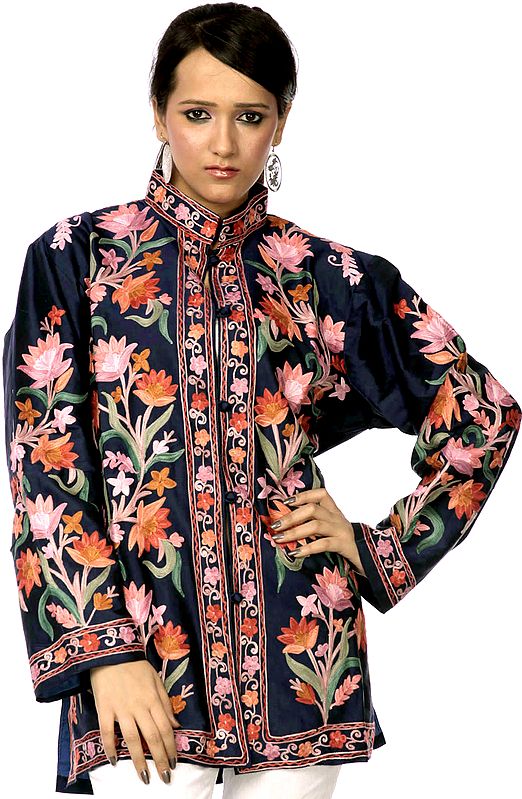 Indogo-Blue Jacket from Kashmir with Aari Embroidered Flowers in Multi-Color Thread