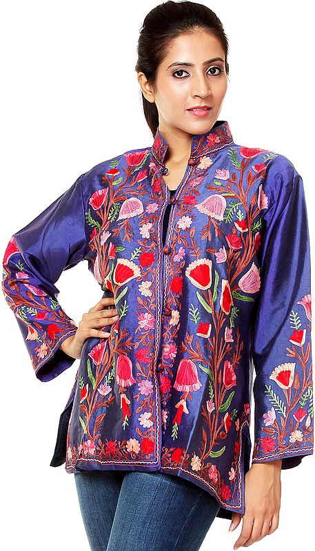 Infinity-Blue Jacket from Kashmir with Aari Embroidered Paisleys All-Over