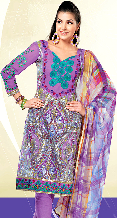 Iris-Orchid Choodidaar Suit with Embroidered Chakras on Neck and Jamawar Print
