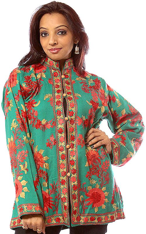 Islamic Green Kashmiri Jacket with Red Flowers
