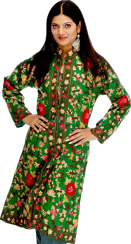 Islamic Green Kashmiri Long Jacket with Floral Embroidery