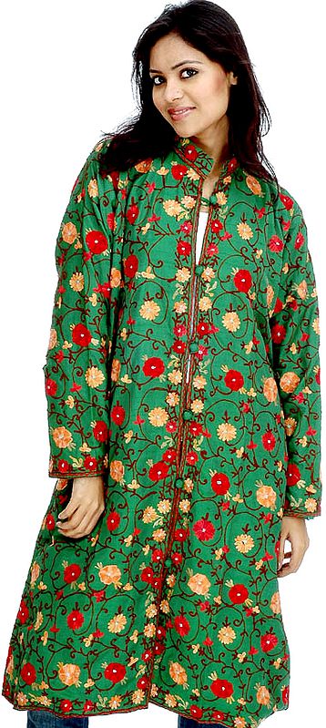 Islamic Green Long Jacket with Kashmiri Aari Embroidery
