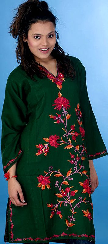 Islamic Green Phiran from Kashmir with Embroidered Flowers