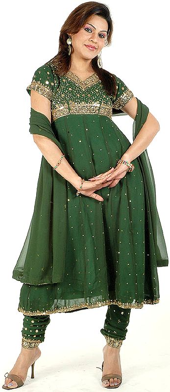 Islamic-Green Anarkali Suit with Antique-Beadwork