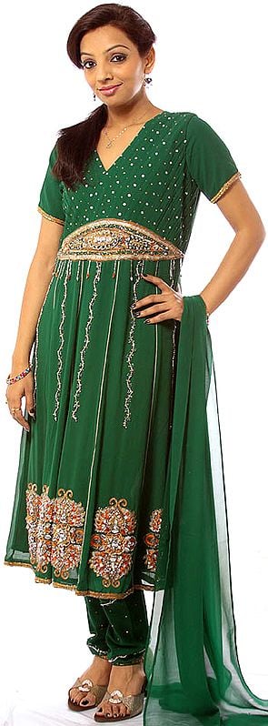 Islamic-Green Anarkali Suit with Embroidered Sequins and Beadwork