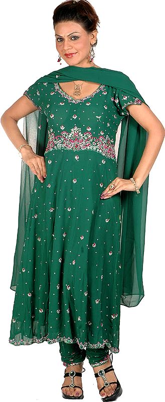 Islamic-Green Anarkali Suit with Multi-Color Sequins