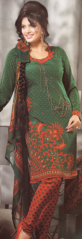 Islamic-Green and Poppy-Red Choodidaar Suit with Printed Dots
