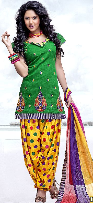Islamic-Green and Yellow Kameez Suit with Aari Embroidered Flowers on Neck and Polka Dotted Salwar
