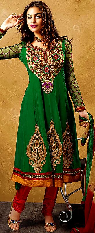 Islamic-Green Choodidaar Suit with Crewel Embroidered Flowers and Sequins