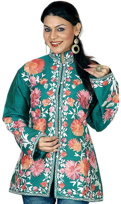 Islamic-Green Jacket with Large Flowers Embroidered All-Over
