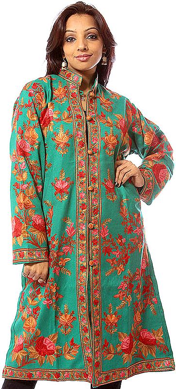 Islamic-Green Long Jacket with Floral Embroidery