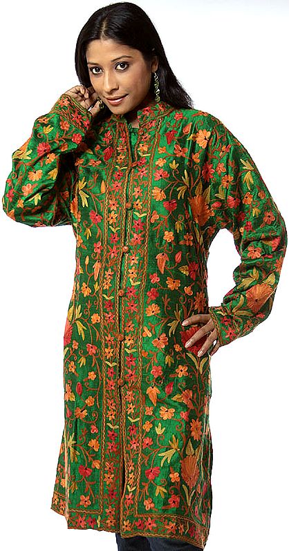 Islamic-Green Long Silk Jacket with Phulkari Embroidery