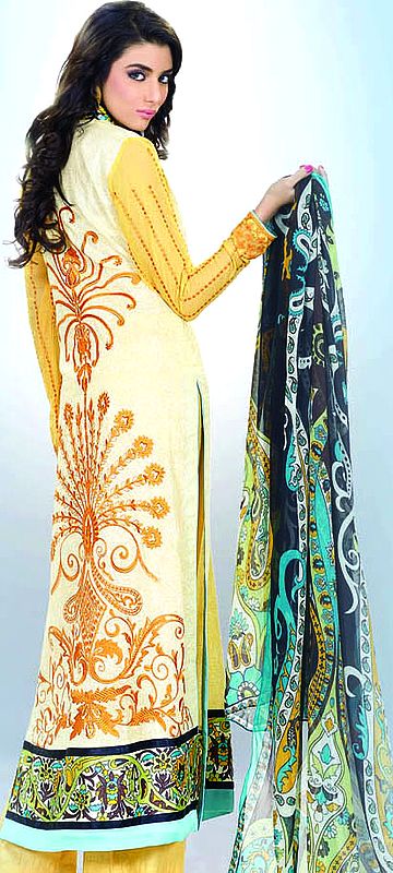 Italian-Straw Long Printed Salwar Kameez from Pakistan with Embroidery